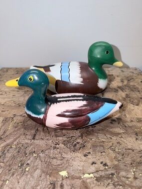 2 Piggy Banks Hand-Painted Mallard Duck Ceramic - Green and Blue 🦆